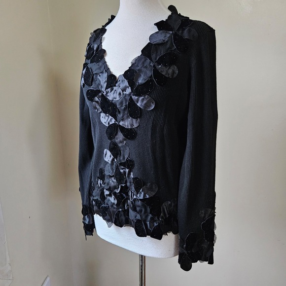 Vintage 90s Y2K Nygard Collection Black Ribbed Embellished Silk Sweater Top L - Picture 2 of 10
